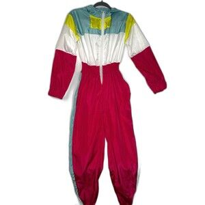 Retro Color Block Track Suit Jumpsuit Hooded‎ Zip Up Athletic Sporty